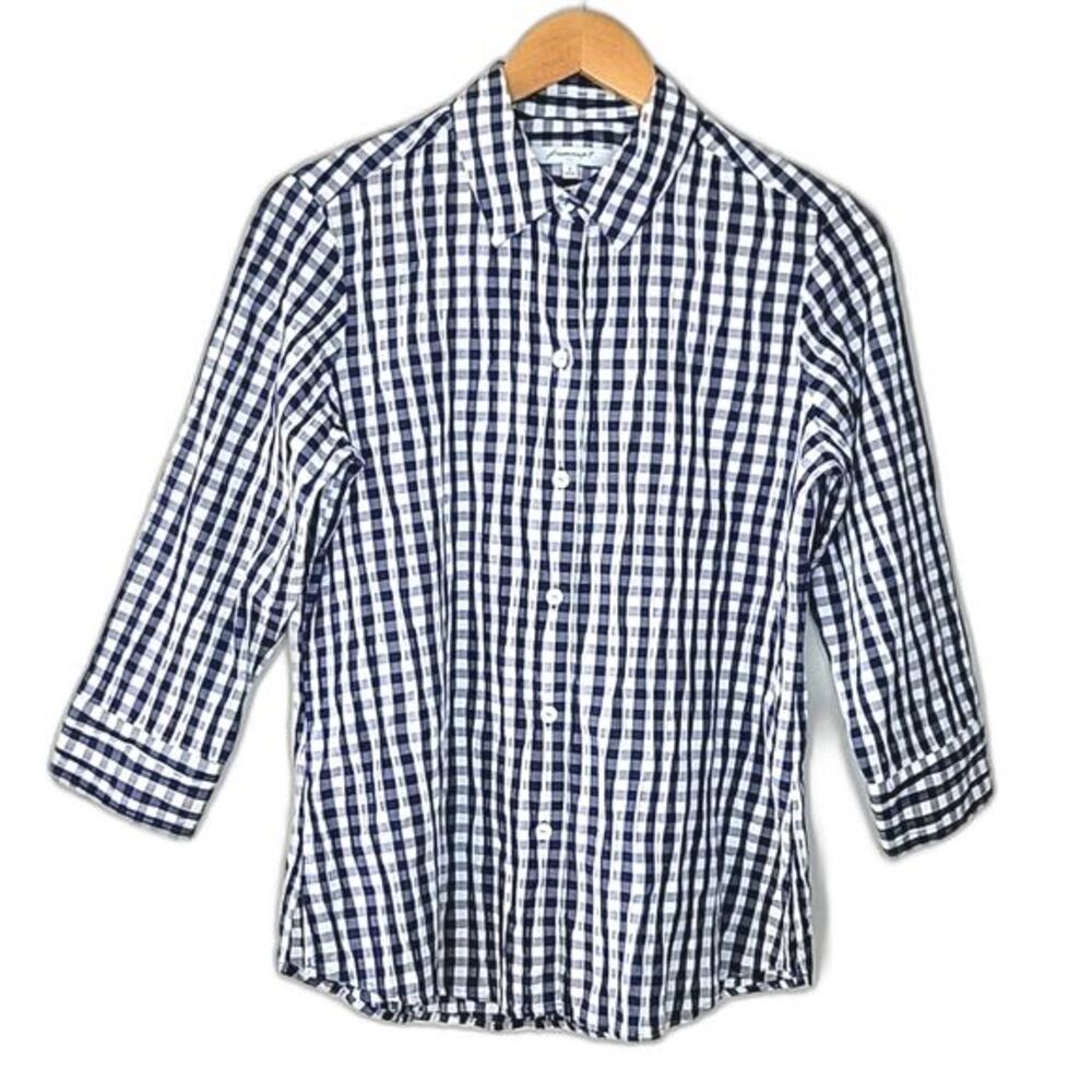 FOXCROFT 3/4 Sleeve Blue White Plaid Collar Pleats Button Down Shirt size 4